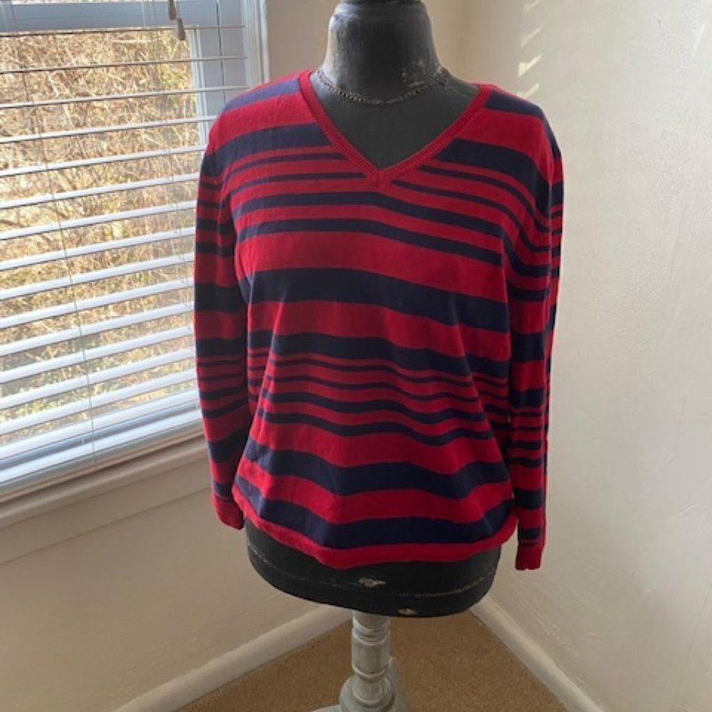 Croft & Barrow V-Neck Sweater in Red and Navy Stripes
